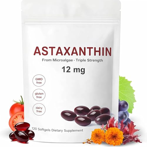 Astaxanthin 12mg Softgels – Microalgae Derived, Non-GMO, Gluten Free, Dietary Supplement, 120 Softgels