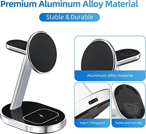 3 in 1 Magnetic Wireless Charging Station, 2022 Upgraded Fully Aluminum Alloy Fast Charging for Mag-Safe Charger Stand Compatible with Apple Watch, AirPods 3/Pro/2 and iPhone 12/13 Series