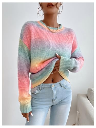 Image of GORGLITTER Women's Rainbow Colorful Sweater Crewneck Long Sleeve Lightweight Pullover Sweater Top Pink Rainbow Medium