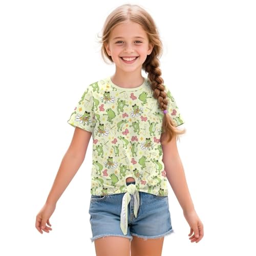Kawaii Girls Tie Front Top Summer Short Sleeve T Shirts School Crewneck Tees for Kids 5-12Y