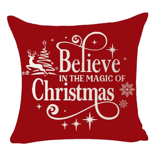 Andreannie Believe in The Magic of Christmas Deer Cotton Linen Throw Pillow Case Personalized Cushion Cover New Home Office Decorative Square 18 X 18 Inches