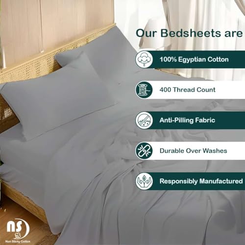 Image of NON Sticky cotton Premium 4 Piece Egyptian Cotton Fitted Queen Sheet Set, Hotel Quality Soft Breathable Bedding Sheets, 12 inch Deep Pocket, 60 inch X 80 inch, Light Grey Solid