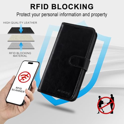 Image of MONASAY Vegan Leather Fit for iPhone-14 /13 5G Wallet Case, 6.1-inch, [Glass Screen Protector Included] [RFID Blocking] Flip Folio Phone Cover with Credit Card Holder,Black