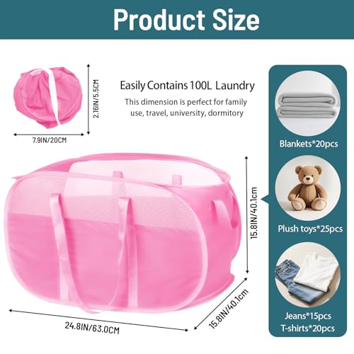 Image of 100L Collapsible Laundry Baskets, Tear Proof Pop Up Laundry Hamper with Dual Handles, Large Foldable Laundry Basket, Easy to Carry Laundry Hamper for Home, Laundry Room, Bedroom, Dorm, Travel Pink