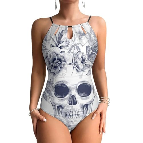 Swimsuit monokini beachwear à motif têtes de mort et fleurs pour femme tendance