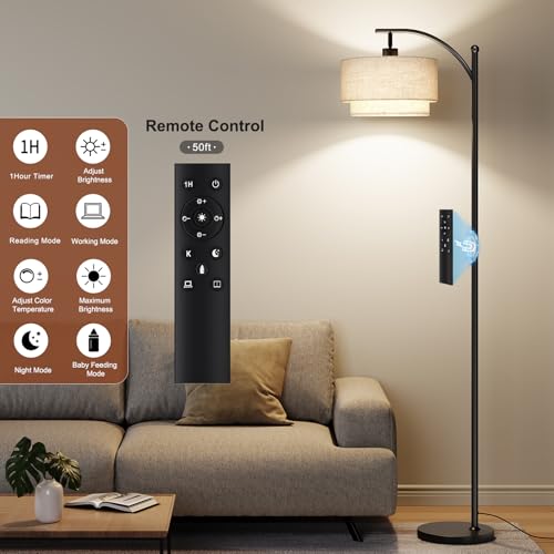 Image of SUNMORY Arc Floor Lamps for Living Room with 12W Remote and Dimmable Bulb | Modern Floor Lamps with Adjustable Double Fabric Shades Shades, LED Lamp, Boho Standing Lamp for Bedroom, Corner, Home Decor