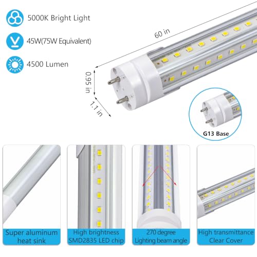 Image of 10 Pack 5FT 5000K T8 LED Tube Light Bulbs Fluorescent Replacement | 45W 4500LM Daylight White, Replace G13 F58T8 Fluorescent Bulb, 60 inch Dual-End Powered Type B Ballast Bypass Shop Lighting