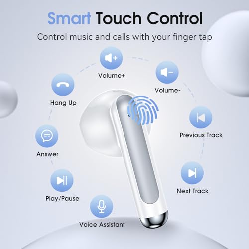 Tiuieyin Cuffie Bluetooth, Auricolari Bluetooth 5.3 Stereo HiFi con microfono 4 HD, Cuffiette Bluetooth 50 Ore LED Display, Touch Control, USB-C, Cuffie Senza Fili IP7 Impermeabili, Bianco