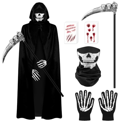 DERAYEE Costume Adulte Halloween Faucheuse,Deguisement Halloween Faucheuse,Veste de Cape Faucheur 150CM,Masque Tête de Crâne,Une Faucille,Des Gants de Crâne,Kit Tatouage de Plaie