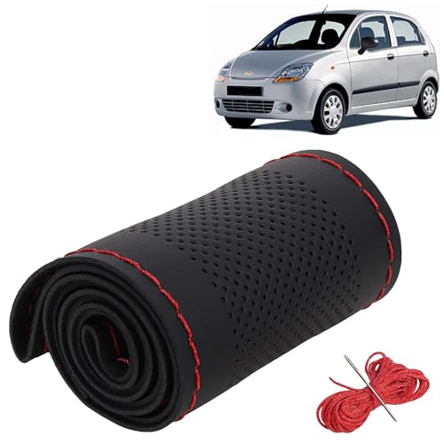 Image of KINGSWAY PU Leatherite Car Steering Cover Sewable Compatible with Chevrolet Spark (Year 2005-2009), Black Color with Red Thread, Pack of 1 with Sewing Needle and Thread