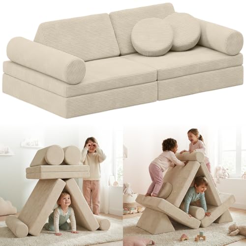 Bellabino Nile Kindercouch mit Armlehnen 8-TLG. – Spielesofa mit Cordbezug Beige – modulare Kindersofa aus Schaumstoff Bausteinen – klappbare Spielcouch – Kuschelecke Sofa mit Schlaffunktion waschbar