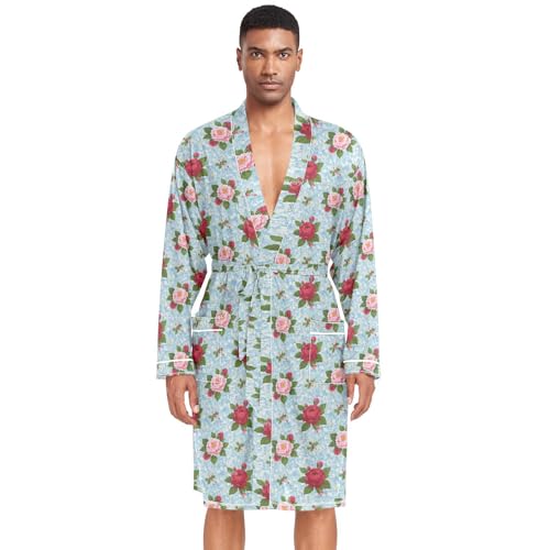 Amooorous Albornoz para hombre, color rosa, rojo, vintage, floral, cálido, para dormir, camisa para dormir, camisa para hombre, bata para hombre, para hospital, talla L