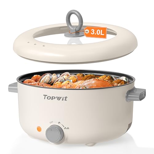 TOPWIT Electric Pot, 3L Hot Pot Electric, Rapid Noodles Cooker, Non-Stick Frying Pan, Multifunctional Electric Hot Pot for Steak, Egg, Ramen, Soup, Shabu Shabu Pot for Camping, RVs, Party, Beige