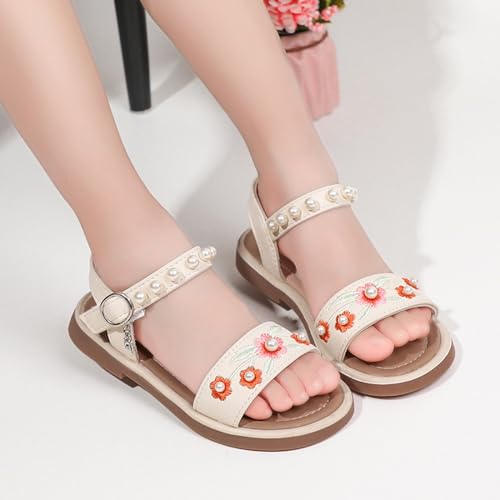 Girls Dress Sandals Kids Floral Embroidered Open Toe School Casual Pearls Ankle Strap Flat Sandal Flower Girl Shoes3