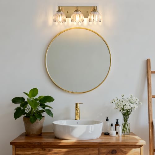 Image of Bathroom Vanity Light Fixtures, 3-Light Brushed Gold Bathroom Light Fixtures Over Mirror, Antique Wall Lights with Clear Glass Glass Tulip Light Shade for Mirror, Kitchen, Hallway, Cabinet, Porch