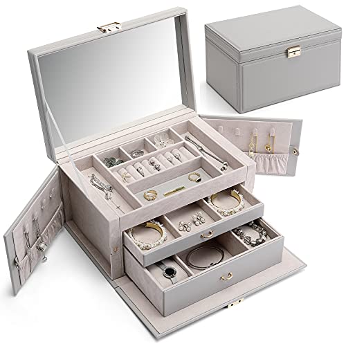 Vlando Jewelry Box 4-Tier,Jewelry Boxes & Organizers with Handle,3 Drawers Travel Jewelry Case with Mirror,Jewelry Storage,Earrings Necklace Rings Christmas Gift for Women Girl Purple A.Purp