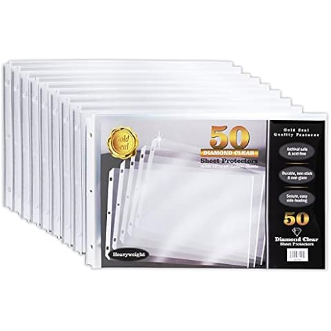 GOLD SEAL 50 Pack 11x17 Inch Heavyweight Diamond Clear Sheet Protectors, Side Loading, Ledger Sheet Protectors,3-Hole Punched Cover