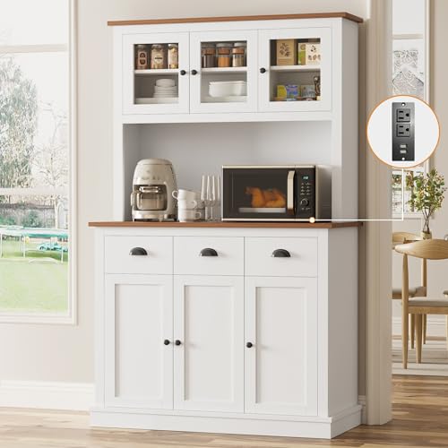 Image of 71 inch Kitchen Hutch with Charging Station and Microwave Stand, White