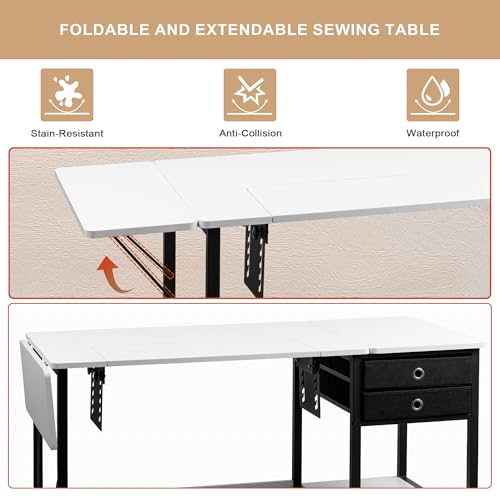 Foldable Sewing Machine Table, Multipurpose Sewing Table with Adjustable Platform, Storage Shelf and 2 Cloth Drawers (Warm White) - Image 5