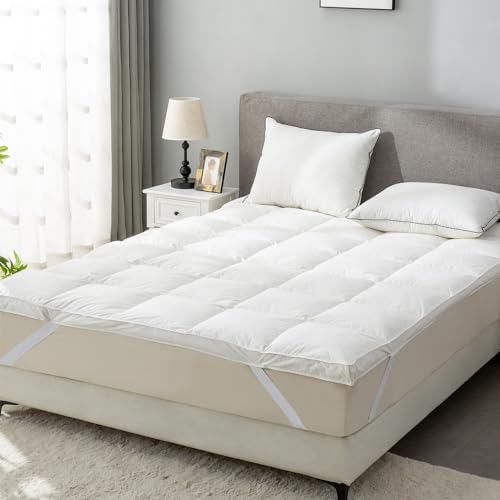Down Mattress Topper King,Goose Feather Down Mattress Protector Cover with Straps,Plush Soft Fluffy Baffled Pillowtop,Hypoallergenic Featherbed Cooling Pad All-Season Luxury(78x80 Inch)