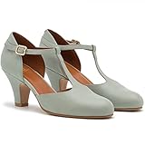  MOOMMO Damen Grün Kitten Heel Mary Jane Pumps Knöchelriemchen rund Geschlossene niedriger Absatz Damenschuhe T-Spangen Leder Cutout Bequeme Abendschuhe Hochzeit Klassische Glattleder Brau Grün 38