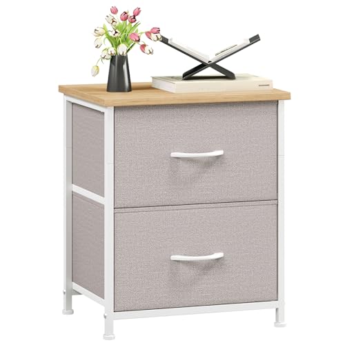 Image of Somdot Nightstand with 2 Drawers, Bedside Table Small Dresser with Removable Fabric Bins for Bedroom Nursery Closet Living Room - Sturdy Steel Frame, Wood Top, Pull Handle - Ash Grey