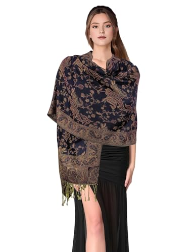 PASKMLNA Reversible Paisley Pashmina Shawl Wrap Elegant Colors (023-19Navy)