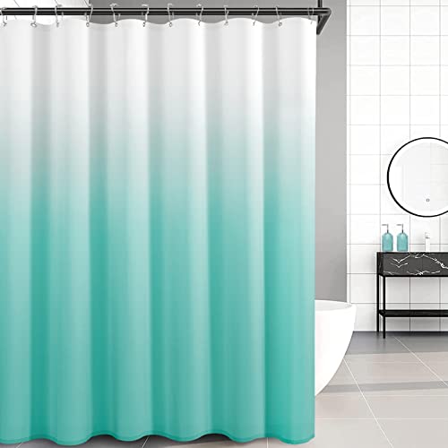 Teal Shower Curtain For Bathroom Beach Theme Aqua And White Ombre Shower Curtain Set With 12 Hooks Heavy Duty Textured Fabric Bath Shower Curtain Waterproof Washable Seaside Decor Turquoise 72X72 #TOP1