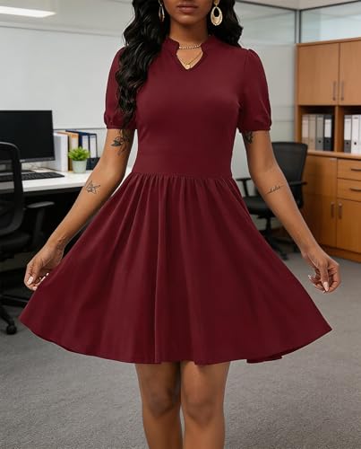 Image of Women's V Neck Summer Dress Puff Short Sleeve Flowy Stretchy Flowy Comfort Fit for Daily Wear Work Midi Casual Dresses