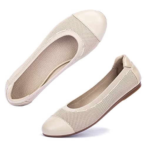 Frank Mully Women's Ballet Flats Round Toe Walking Flats Slip On Work Shoes Knitted Flats Shoes For Woman Soft Lightweight,Synthetic Leather,Ecru 9.5 #TOP4