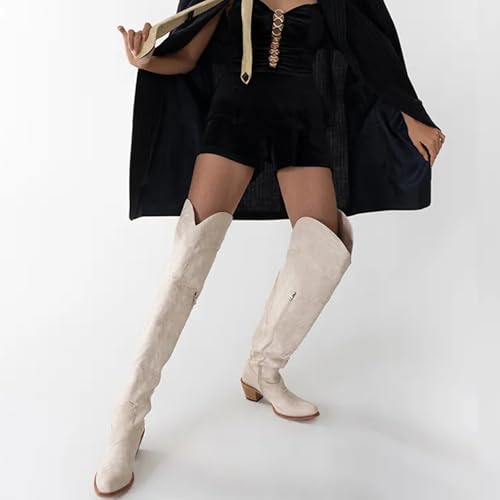 Image of olomisa Over the Knee Cowboy Boots for Women Embroidery Cowgirl Boots Chunky Heel Side Zipper Boots Thigh High Western Boots
