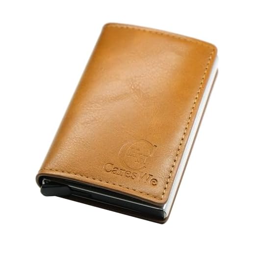 HH CaresWe - Tarjetero Hombre y Mujer - De Cuero y Aluminio - Ligero, Elegante - Capacidad 9 Tarjetas y Documentos + Billetera - Sistema Anticopia RFID/NFC - Pop Up Click Rápido (Marron Claro)