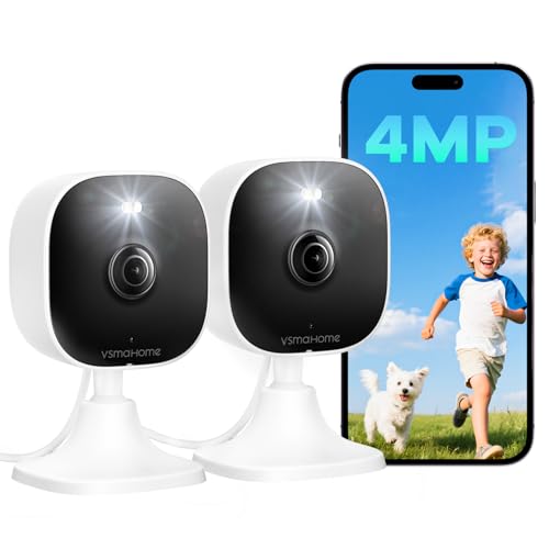 VSMAHOME 4MP Outdoor Indoor Cameras for Home Security, Outdoor Security Camera Indoor, 2.4g/5g Cameras for House/Pet/Baby, Plug and Play, Support 128G Card Storage (Not Included), Wired, 2PCS