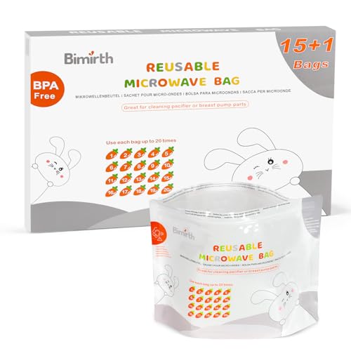 Bimirth Microwave Steriliser Bags Pack of 16 Reusable Only 3 Minutes Cleaning Baby Bottles Pacifier Teethers & Training Cup Breast Pump Parts or Accessories 20 Uses Per Bag Chemical Free