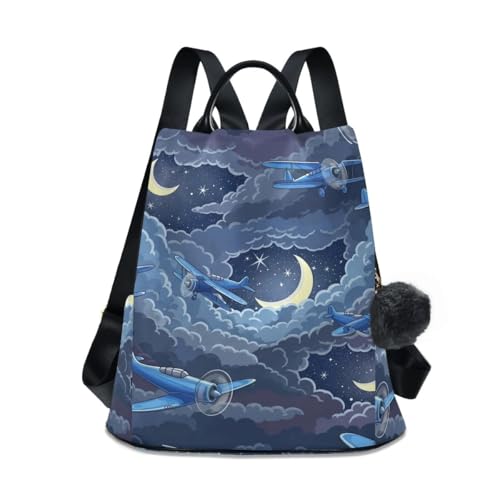 Sac à dos antivol pour femme bleu motif avion | Sac de voyage vintage chic