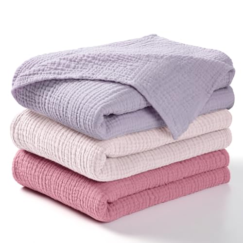 Image of lulumoon Muslin Swaddle Blanket Baby - Cotton Swaddling Blanket Soft Baby Receiving Blankets Neutral 3Pack(Pink+Purple)