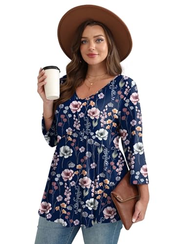 Image of OFEEFAN 3 /4 Length Sleeve Womens Tops 2026 Blouses for Women Dressy Casual Fashion Clothing V Neck Babydoll Tops Fall Outfits