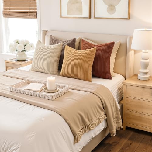 Image of Topfinel 20x20 Inch Pillow Covers Set of 4 Rustic Modern Soft Corduroy Striped Decorative Cushion Cover Yellow Brown Gradient Farmhouse Pillow Case for Sofa Couch Living Room Bedroom