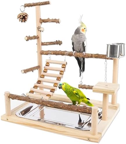 Birds Game Stand - Bird Playground Wooden Stand for Parrots Birds Stand with Perch Ladder Swing Feeder Tray and Exercise Gym Toys for Small and Medium Birds