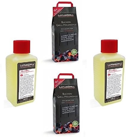 2 x LotusGrill beech charcoal, 2.5 kg bag, including 2 x LotusGrill burning paste, 200 ml, both for smokeless BBQ with LotusGrill