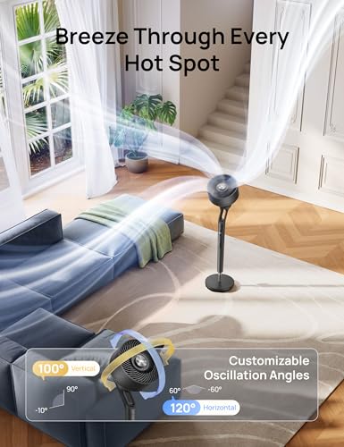 Image of DREO Fan for Bedroom, 2026 New model,120+100 Omni-Directional Oscillating Fan, 96ft, DC Motor, 20 dB Quiet Standing Pedestal Fans, 9 Speeds, 3 Modes, Remote, 37-42 inch Adjustable Height, 8H Timer
