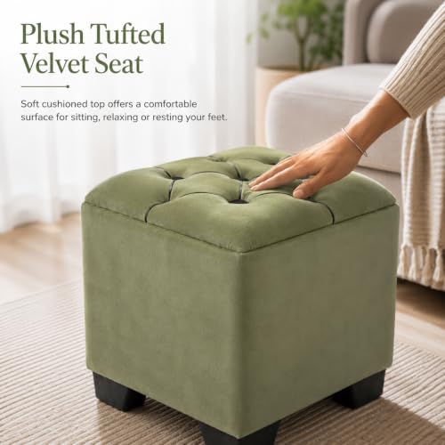 Image of Velvet Cube Ottoman | Seating Stool for Living Room | Soft Cushioned Footrest Stool with Durable Plastic Legs | Multipurpose Seating, Pouffe Home Decor, 12x12x14 inch (Light Green)