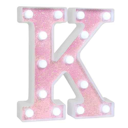 Image of Pink Glitter Marquee Light Up Letters, Battery Operated LED Letter Lights Signs for Pink Birthday Party Table Decorations, Wall Decor for Girls Bedroom, Initial Letter K with Cool White Lights
