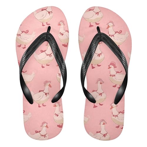 ALAZA Cute White Ducks Pink Flip Flops for Women Fashion Beach Slippers Comfort Mens Flip Flops Non-Slip Rubber Shower Slippers Sandal for Hotel Travel Sport,XS