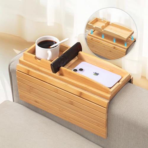 Bamboo Couch Arm Tray Table | 2-in-1 Detachable Sofa Tray with Slidable Cup Holder | Compact and Foldable Design with an Anti-Slip Surface for Drinks, Snacks, and Remote
