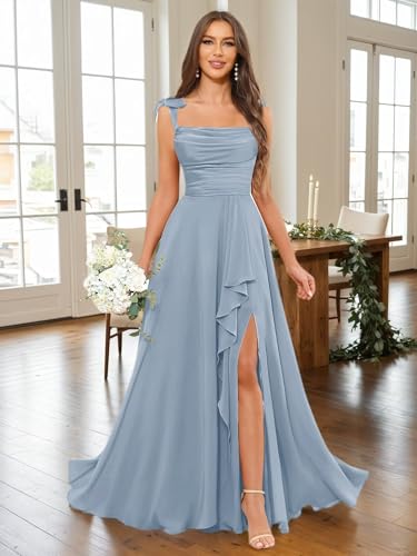 Spaghetti Straps Bridesmaid Dresses for Wedding A-Line Cowl Neck Ruffles Bow Tie Formal Evening Gown with Slit3