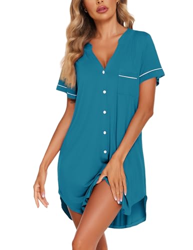 Image of Ekouaer Nightgowns for Women Button Down Night Gowns Short Sleeve Sleep Shirt V Neck Nightshirt Soft Sleepwear Pajams Dress
