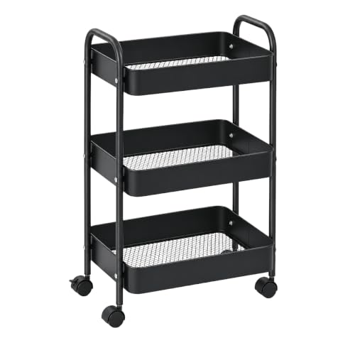 3-Tier Slim Black Metal Trolley on Wheels, Storage Trolley Cleaning Caddy