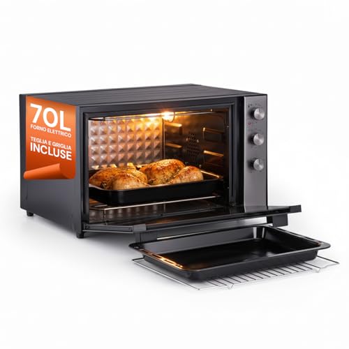 Wintem - Forno Elettrico Ventilato XXL 70L 2500W con Timer, Griglia e Teglia Incluse, Cottura Combinata e Superiore fino a 230°C