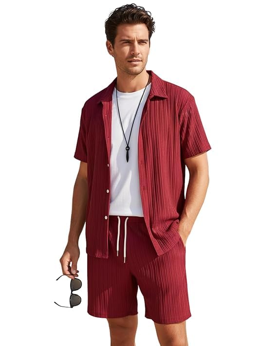 coollinen Men’s cotton Co-Ord Set | Solid Short Sleeve Button-Down Shirt & Drawstring Shorts Combo | Casual Summer Wear, Lounge & Travel Outfit for Men-picture-49